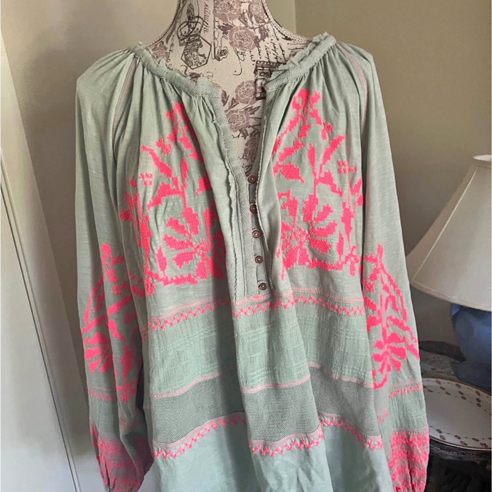 Free People Green Embellished Long Sleeve Blouse